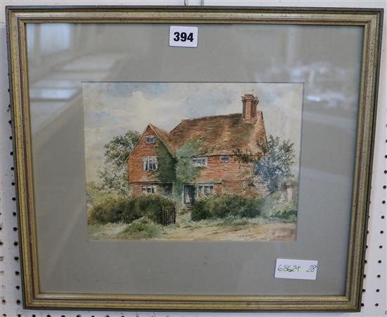 A. M. Watson, watercolour, Girl at a cottage door, and two watercolours of cottage gardens